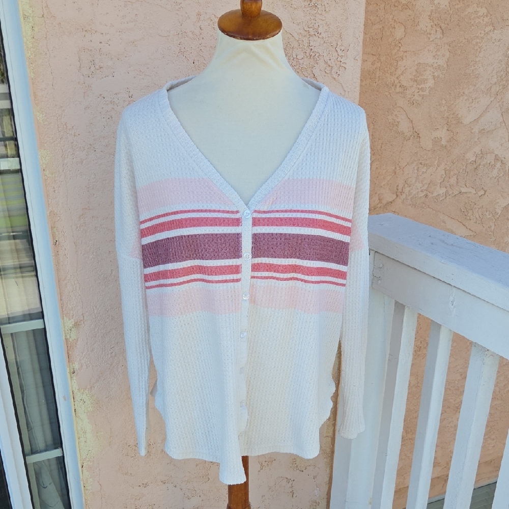 Colsie Pink and White Striped Waffle Top Mefium